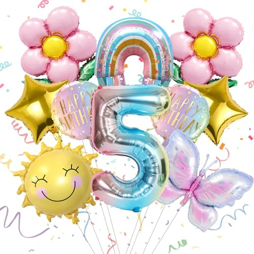 10 pcs Mariposas Sol Globos de Cumpleaños para 5 Años, Infantil Globo de Foil Colorido, Decoración Regalo para Fiesta de Cumpleaños Niño Niña