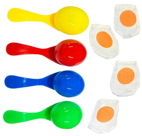SOPOTUTU Back to School Party Egg and Spoon Race Set for Kids with 4 Plastic Balance Egg Spoons and Sack Race Bags Engaging Party Game to Improve Body Coordination Boy Girl