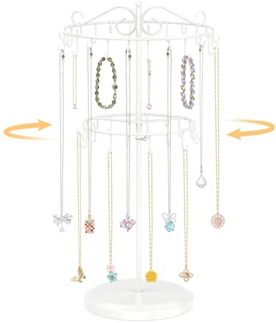 EsLuker.ly Kettenständer Kettenhalter Schmuck Schmuckständer Ketten Halsketten Aufbewahrung, 2-stufig Höhenverstellbar Kettenaufbewarung Schmuck Aufhänger Necklace Holder Organizer Drehbarer, Weiß