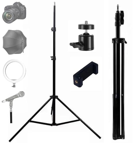 Photography Light Stand, 2.1M/6.9FT Adjustable Sturdy Tripod Stand with Phone Holder for Selfie, Compact Lightstand with 1/4 Head Ball for Reflector, Ring Light, COB Light Softbox and LED Video Light