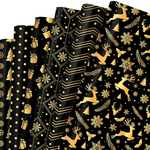 12x Schwarz Gold Geschenkpapier Neues Jahr Weihnachten Weihnachtspapier,Doppelseitig Bedrucktes Geschenkpapier 6 Arten Weihnachtspapier Blatt Wrapping Paper Neues Jahr,50 x 68 cm