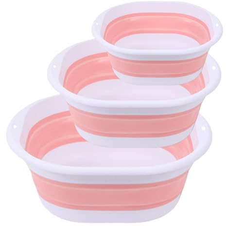 Tong Li Collapsible Wash Basin 3 Pack, Foldable Dish Tub, Space-Saving Collapsible Sink Camping for Dishing, Fruit, Beverage Tubs, Hiking & Home (Pink)