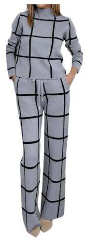 Vhersily Conjunto de Top y Pantalones para Mujer de Manga Larga Pantalones Anchos de 2 Piezas Traje de Señora Cuello Semi-alto Estampado a Cuadros Blusa Suelta Vestido de Ceremonia Elegante con