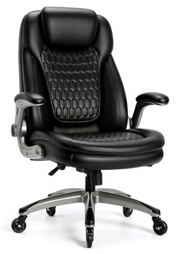 COLAMY Executive Office Chair, Bonded Leather Desk Chair with Flip-Up Arms, Lumbar Support, Ergonomic Tilt & Tension Control for Home Office