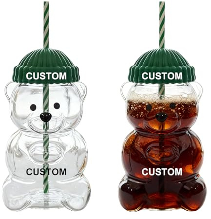 Bear Straw Cup Glass Personalised Bear Cup with Text New Cute Mugs Coffee Beer Wine Juice Milk Tea Cocktail Drinks Glassware (Green)
