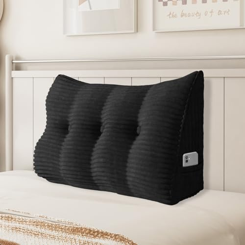 BNCKTRD Lesekissen Dicklich Rückenkissen Lesekissen für Couch, Rückenlehne Kopfende, Dreieckiges Sofakissen Bücherkissen, Wandkissen für Bett Herbst Winter, Kordsamt Schwarz 100cm