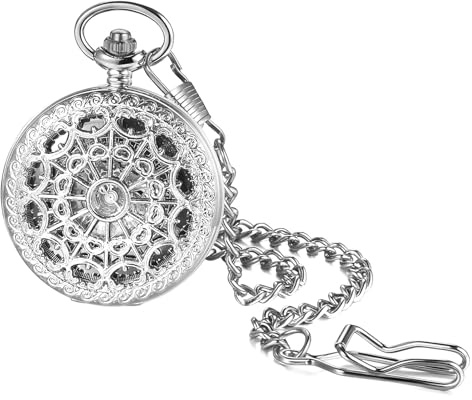 JewelryWe Automatik Taschenuhr mit Kette für Herren, Automatische Mechanische Kettenuhr Skelett Uhr mit Durchbrochenem Muster & Römischen Ziffern Elegant Automatikuhr Anhänger Halskette
