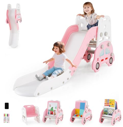 OLAKIDS Toddler Slide, 5 in 1 Indoor Outdoor Foldable Baby Playground Playset with Magnetic Whiteboard Building Block Book Rack, Easel for Kids with Chair Set (Pink)