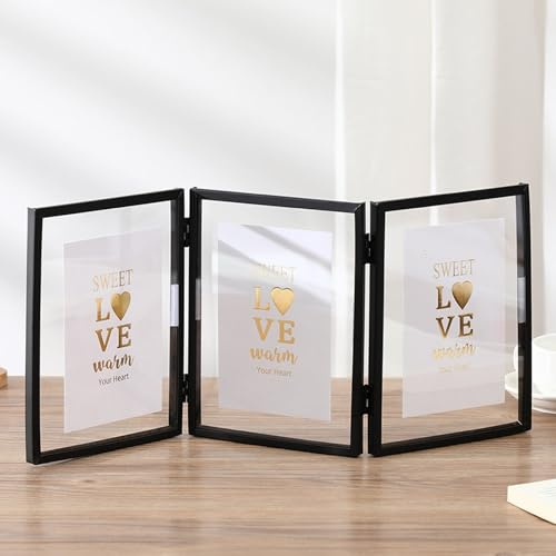 Bilderrahmen 10x15 Schwarz, Metall Bilderrahmen Collage für 3 Fotos Faltbar Bilder mit Acrylplatte, Fotorahmen für Mehrere Fotos Tischplatte Schreibtisch-Display Multirahmen für Hochzeit, Familie
