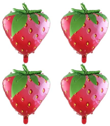 Jordgubbsballonger – 4 st tuff folie, fruktfolieballonger, tropisk jordgubbe vattenmelon jumbo ballong | matballong, fotorekvisita festdekorationer för födelsedag och kön avslöjande