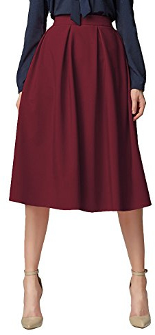 Urban GoCo Midi Jupe Plissée de Femmes Vintage De A-Ligne Taille Haute Jupe Longue avec Poches Vin Rouge S