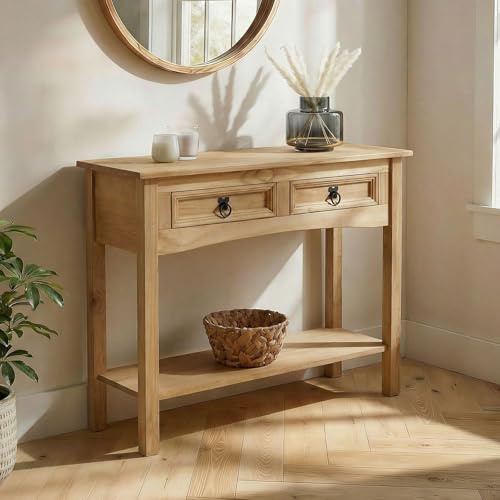 Table Console Salsa, Table d'appoint, Style Mexicain avec 2 tiroirs et 1 étagère, Table Console idéale pour entrée, Console d'entrée en Bois Naturel, en pin Massif Finition teintée/cirée