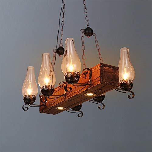 Holz Vintage Pendelleuchte Retro Holz Pendellampe Metall 6-Flammig E27 Edison Bulb Industrial Hängelampe Rustikal Höhenverstellbar Hänge Leuchte Deckenleuchte Esszimmer Loft Wohnzimmer Kronleuchter,A