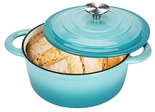 COOKWIN Enameled Cast Iron Dutch Oven, 5 L Bread Baking Pot with Self Basting Lid, Non-stick Enamel Coated Cookware Pot, Great Christmas Gifts for Family, Teal