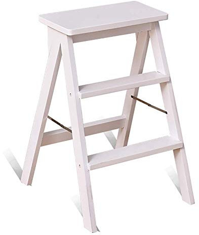 GJSN Chaise, Escabeau Chaise Pliante En Bois Massif Échelle Escabeau Accueil Cuisine Pliable Échelle En Bois Living Tabouret Chambre Portable,Blanc