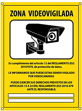 Cartel videovigilancia - Placa zona videovigilada – Carteles cámara vigilancia 20x15 cm - Amarillo Interior-Exterior - PVC (1 Pieza Cartel Videovigilancia)