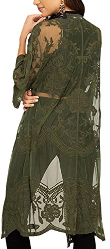 YouKD Cardigan da donna in pizzo trasparente, stile boho, lungo, kimono, spiaggia, copricostume da bagno
