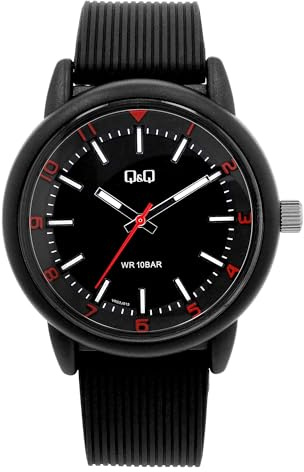 Q&Q Herren-Uhr Silikon 10 Bar Leuchtzeiger Leuchtindexe Analog Quarz (schwarz rot)