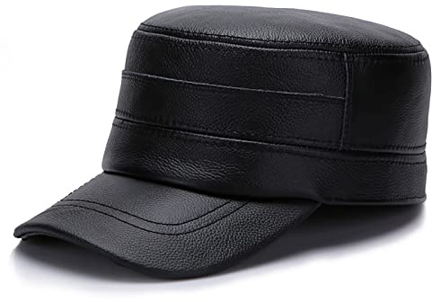 WHSPORT Military Cap, Herren Leder Army Kappe Cadet Hat, Army Cap, Herren Vintage Militär Mütze Leder Baseball Cap Kappe (Color : Black, Size : 57-58)