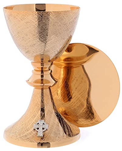 Holyart Calice e Patena in Ottone Dorato con Decoro Intagliato 20 cm