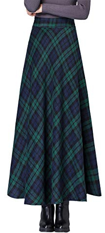 Gonna a Quadri Lunga Donna Inverno Vita Alta Lana Maxi Gonne Vita Elastica Vintage Elegante Svasata A-Line Gonne Plissettata Casuale Festa E Green M