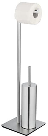 WENKO Stand WC-Garnitur Mod. Recco, Toilettenbürsten- und Rollenhalter aus satiniertem Edelstahl auf schwerer Bodenplatte für sicheren Stand, inkl. WC-Bürste mit Silikon-Bürstenkopf, 20 x 71,5 x 20 cm