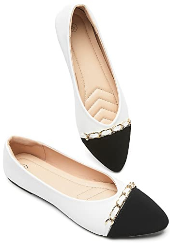 BABUDOG Women's Black Flats Shoes,White Dress Shoes for Women,Crimping Faux Suede Ballet Flats Comfortable(White.US9)