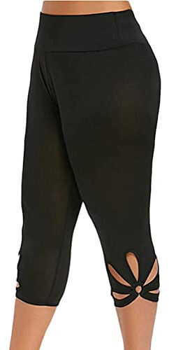 ORANDESIGNE Pantalon Capri Femme été Pantalon Stretch en Dentelle Maigre Taille Haute 3/4 Longueur Leggings Capri Leggings Collants Souples Pantalons Décontractés évidés (D Noir, XL)