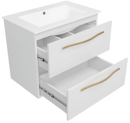 paplinskimoebel Keramik Waschbecken mit Unterschrank 60 cm Breit Girona Sink1, Waschtisch mit Unterschrank Hängend mit Schubladen, Waschplätze, Waschbeckenunterschrank Weiß Hochglanz mit Goldgriff