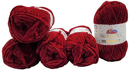 5 x 100 Gramm Himalaya Dolphin Star Strickwolle, Babywolle mit Glitzer, 500 Gramm Wolle Super Bulky (bordeaux 92122)