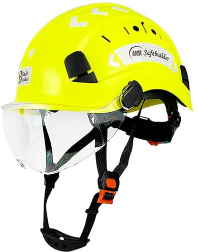SAFEBUILDER Casco de seguridad con visera, ajustable, ligero, ventilado, ABS, aprobado por ANSI Z89.1, ideal para industria y construcción (amarillo fluorescente con visera transparente)