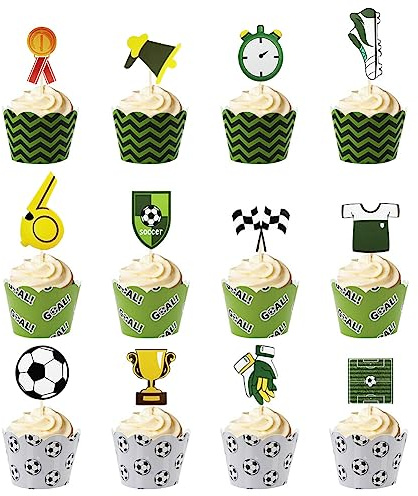 24 Pieces Football Cake Cupcake Toppers and Wrappers, Football Cake Decorations for Boys Girls Kids, Soccer Ball Themed Decorations for Birthday Party Football Sports Party Supplies