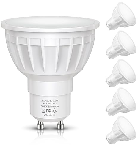 LOHAS GU10 LED Light Bulb, 5.5W(50 Watt Equivalent), Dimmable, Daylight White 5000K, 500 Lumen, MR16 GU10 Base Bulbs, 120° Flood Beam for Track Lighting, Kitchen, Range Hood, Living Room, 5-Pack