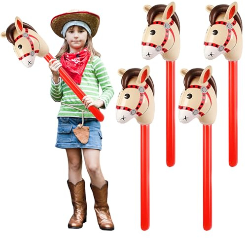 KUAOOAUK 4PCS Inflatable Stick Horse, 37 Inch Horse Head Stick Blow up Balloon for Western Cowboy Cowgirl, Cute Inflatable Horse Pony Costume Props for Birthday Party Decorations Baby Shower Christmas