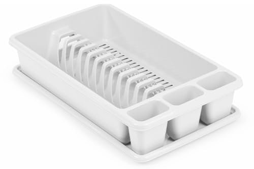 Acan Tradineur - Escurreplatos de Plástico - Fabricado en plástico - Organizador de Cocina, Escurridor con Bandeja para Cocina - 45,5 x 26 x 9 cm - Color Blanco