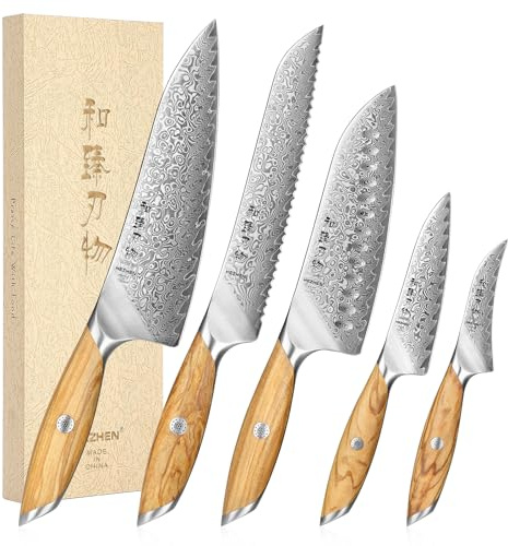 HEZHEN Damast Küchenmessersets,Profi Messerset Damaststahl Chefmesser | Inklusive Kochmesser,Santokumesser,Universalmesser,Brotmesser,Schälmesser,Damaststahl Pulverstahl,Griff aus Olivenholz