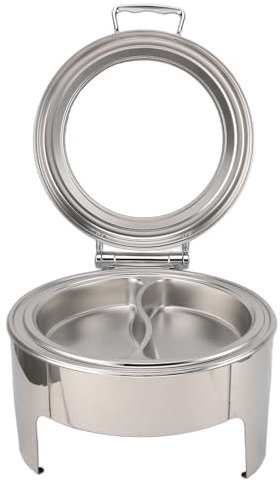 6L Runder Chafing Dish aus Edelstahl mit Verdickung und Vertiefung, Sichtbarer Glasdeckel für Veranstaltungen, Hochzeiten, Camping, Abendessen (Pfanne mit 2 Fächern)