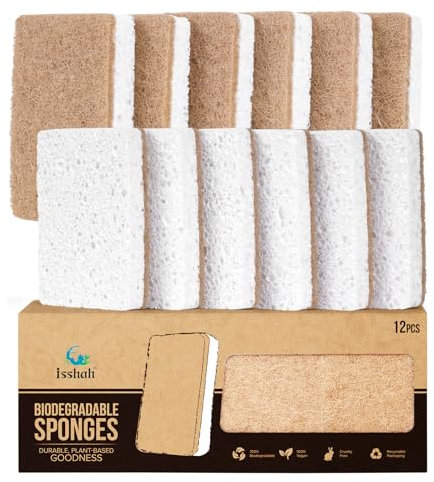 Isshah Plant-Based Kitchen Sponges - FSC Certified and PETA Approved, Natural, Eco-Friendly, Biodegradable Sisal Hemp Sponges for Dishes, Cleaning Sponge for Kitchen, Bathroom, Household - 12 Count