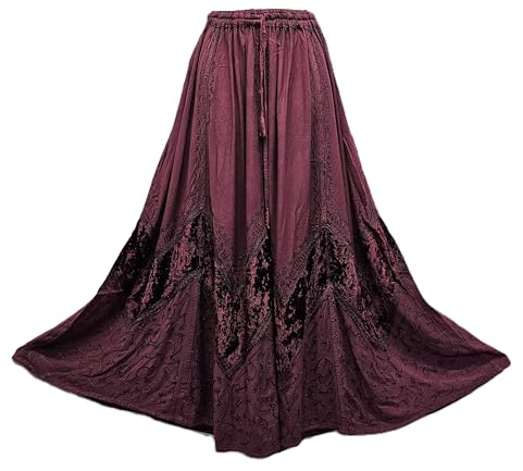 Jupe longue d'hiver pour femmes gothique en velours évasée avec poches latérales ceinture élastique cordon de serrage taille unique 40 42 44 46 48 50, bordeaux, taille unique