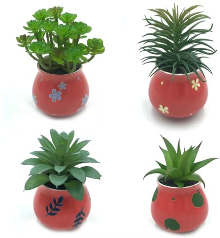 PASCH Lot de 4 plantes succulentes artificielles dans des pots en céramique peints à la main : décoration pour salon, salle de bain, bureau | petites plantes artificielles