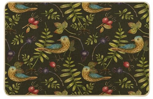 Frühlings-Fußmatte, Landhausstil, Vintage-Design, Blätter, Vogel, rustikal, schwarz und grün, Gummi, saugfähig, rutschfest, wasserdicht, waschbar, für Haustür, Innen- und Außenbereich, 43,2 x 73,2 cm