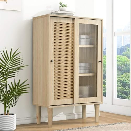 PUGSDRLY Buffet Multifonction en Bois - Commode Avec Porte en Rotin et Porte Coulissante en Verre - Armoire de Rangement 6 Compartiments pour Salon (60 x 40 x)