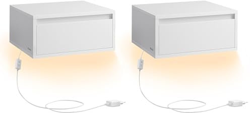 VASAGLE Nachttisch hängend 2er Set, Leuchte mit 3 Farben, schwebendes Wandregal, Schublade, 35 x 40 x 18 cm, modern, Wohnzimmer Schlafzimmer, wolkenweiß LET854W01