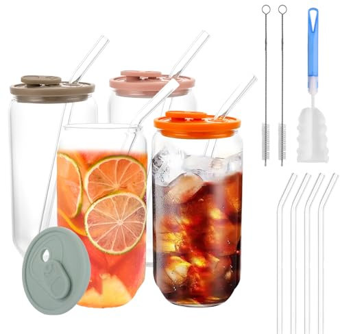 DAJAVE 4 Stück Glas mit Deckel und Strohhalm 500ml/16oz Gläser mit Deckel, Smoothie Gläse, Trinkglas mit Deckel und Silikonhülle Deckel, Trinkgläser für Eiskaffee, Cocktails, Limonaden