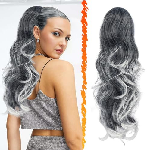 BARSDAR Coda Cavallo Capelli Extension con Coulisse, 50cm Ondulati Ricci Coda Cavallo Grigio per Donna Sintetici Clip in Posticci Extension - Punte Grigie & Bianche