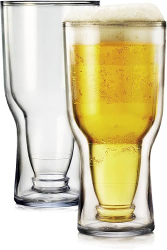 Unbreakable Double Wall Insulated Freezable Beer Glasses - 2 Set - Large 17 oz Reusable Pilsner Shatterproof Tritan Glass, Upside Down Bottle Design, Pub Mug, For Beer Lover, Picnic Indoor & Outdoor