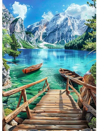 CEOVR Cat Diamond Painting Kit Adults, 5D Diamond Painting, 30 x 40 cm, Diamonds Painting Mountains, Full Adult Diamond Painting Kit, Lake and Boats Diamond Painting Art Set01