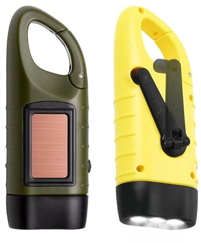 Sporgo Wiederaufladbare LED-Kurbeltaschenlampe: 2 Stück Dynamo-Solarlampen mit Karabiner, tragbare Mini-Taschenlampe mit Kurbel und Solarpanel für Camping im Freien