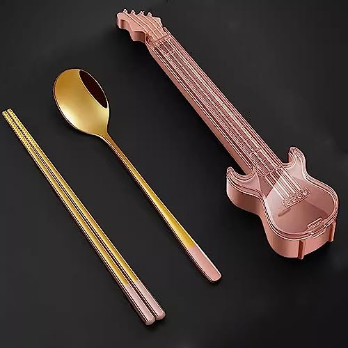 GAROEN Palillos Chinos Reutilizables para Principiantes, Juego de cucharas y Palillos de Acero Inoxidable, Caja de Almacenamiento de Cubiertos para Guitarra (2)