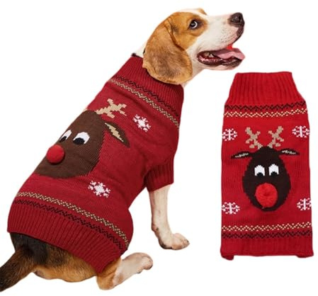 FANSU Hundepullover großer Hunde, Weihnachtstag Hunde Pullover Waschbar Hundepulli, Strick Pullover Hunde Shirt Elastisch Wärme Hunde Pullis Strickpullover für Corgi Dackel (XXL,Rot)